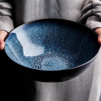 Set of 3 Ceramic Black Bowl With Blue Glaze Inside 5.9" Bowl | Noodle, Soup, Stoneware, Cereals, Rice, Pasta, fruit bowl, asian soup bowl