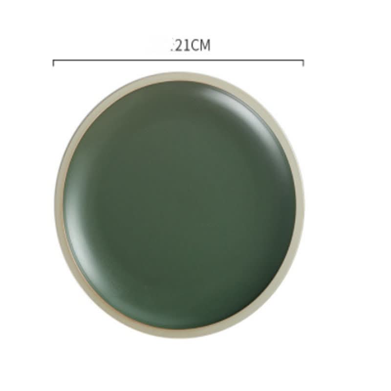 Matte green ceramic plate with beige rim, 8" or 10". Scandinavian colors dinnerware set.