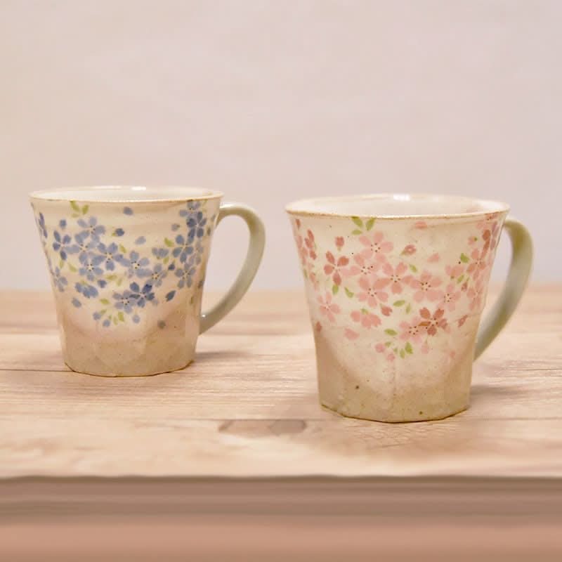 Japan Imported Stoneware Tea Cup Mugs 7.8oz with blue & pink cherry blossoms