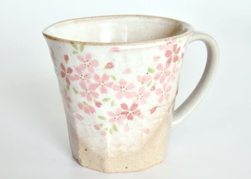 Japan Imported Stoneware Tea Cup Mugs 7.8oz with pink cherry blossoms, handmade in Japan.
