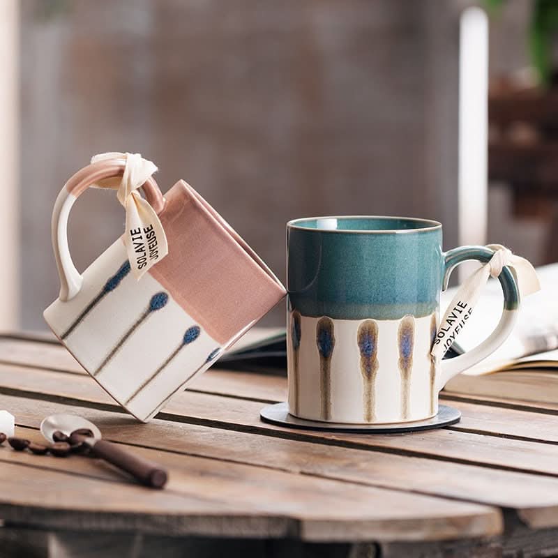 Japanese Stripe Glazed Ceramic Mugs: Retro macaron handmade style, teal and pink hues.