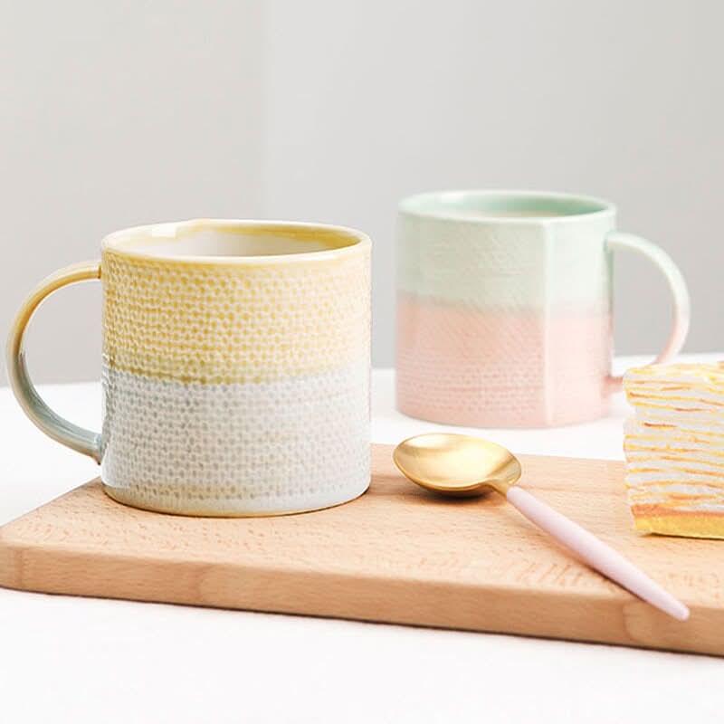 Japanese Pastel Colored Mugs 11oz, textured, pastel yellow, white, pink, mint green ceramic.