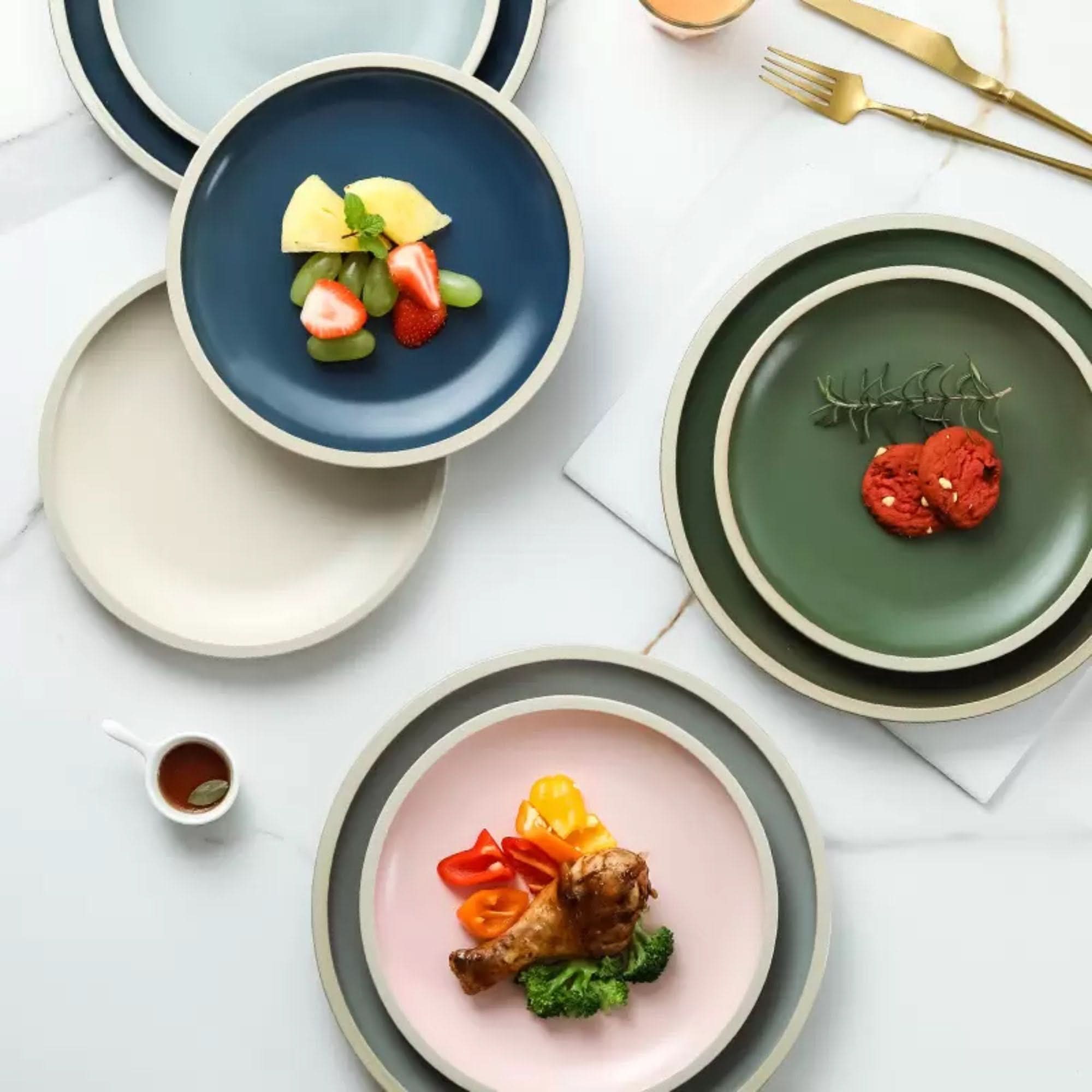 Ceramic Matt Plates in Scandinavian colors: blue, green, pink. 8" & 10". Dinnerware set.