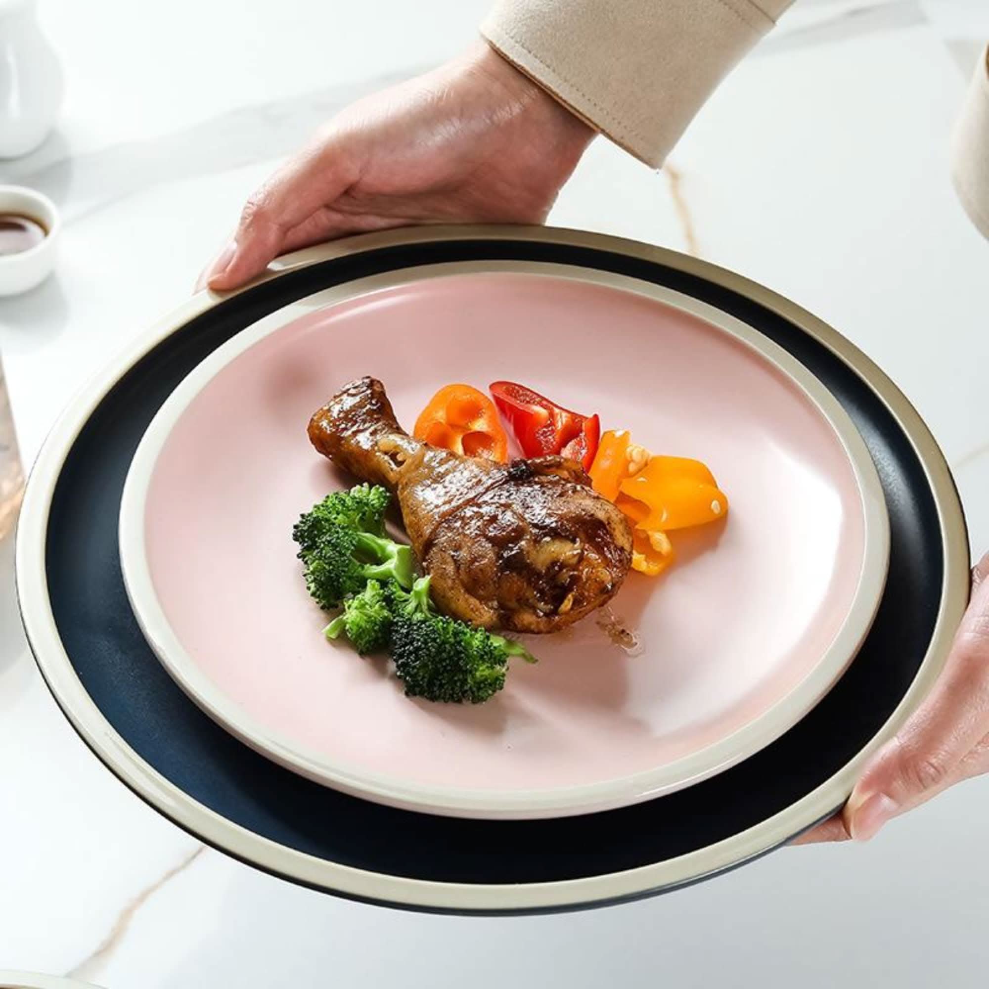 Ceramic Matt Plates With Scandinavian Colors: pink plate with chicken, broccoli, peppers. 8" & 10" dinnerware.