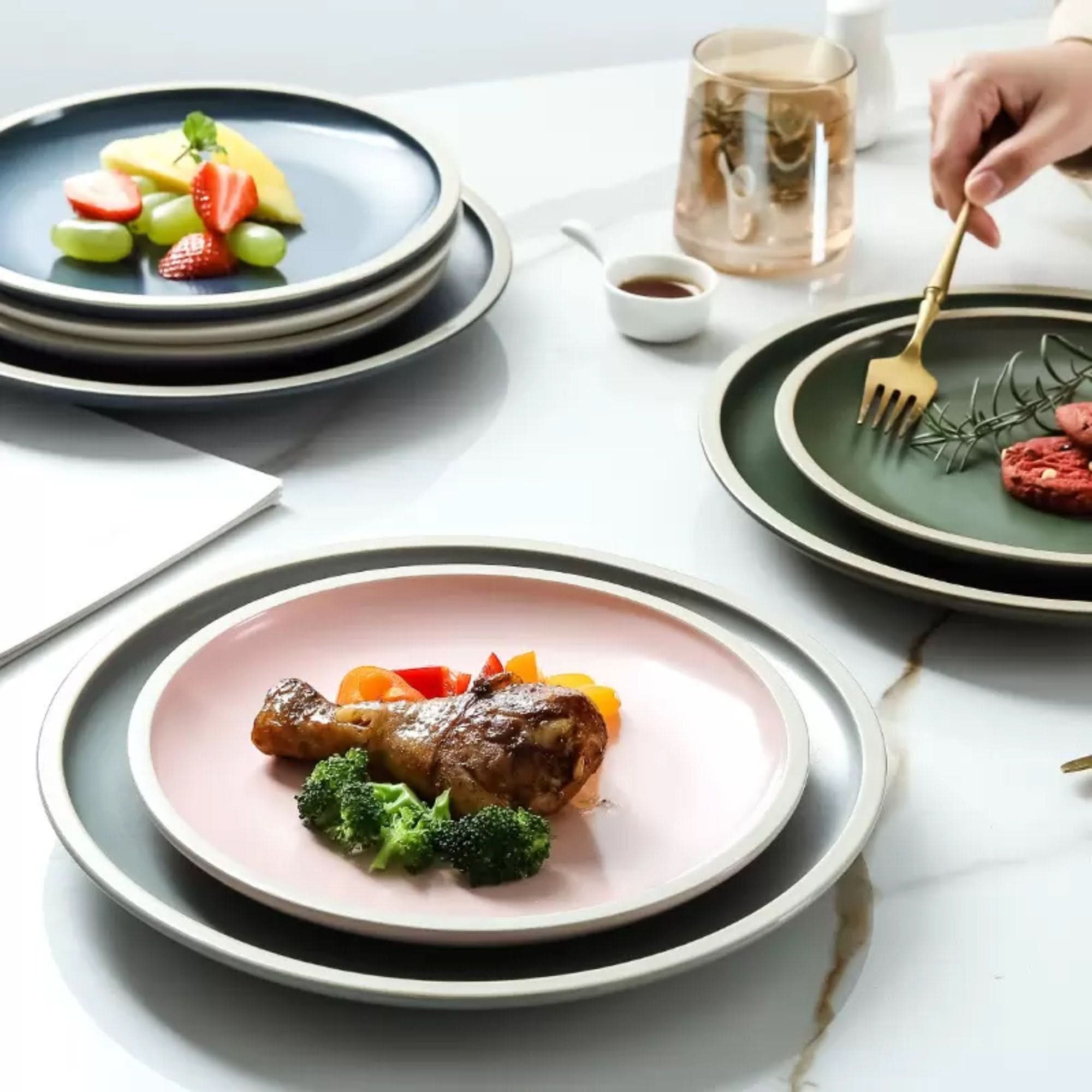 Ceramic Matt Plates in Scandinavian colors: pink, green, grey. Dinnerware set for home.