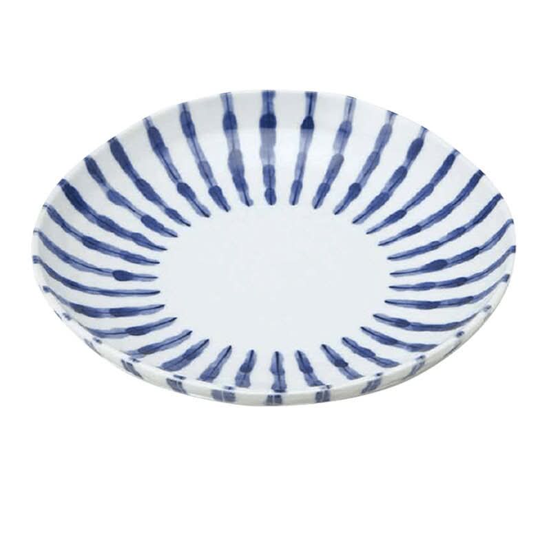 Ceramic Japanese irregular dinnerware with blue stripes, a household soup/rice plate.
