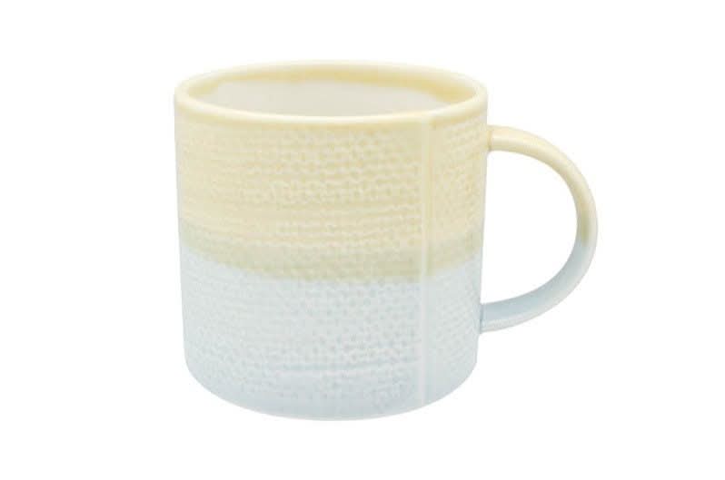 Japanese Pastel Colored Mug 11oz: Yellow and light blue textured ceramic retro coffee mug.