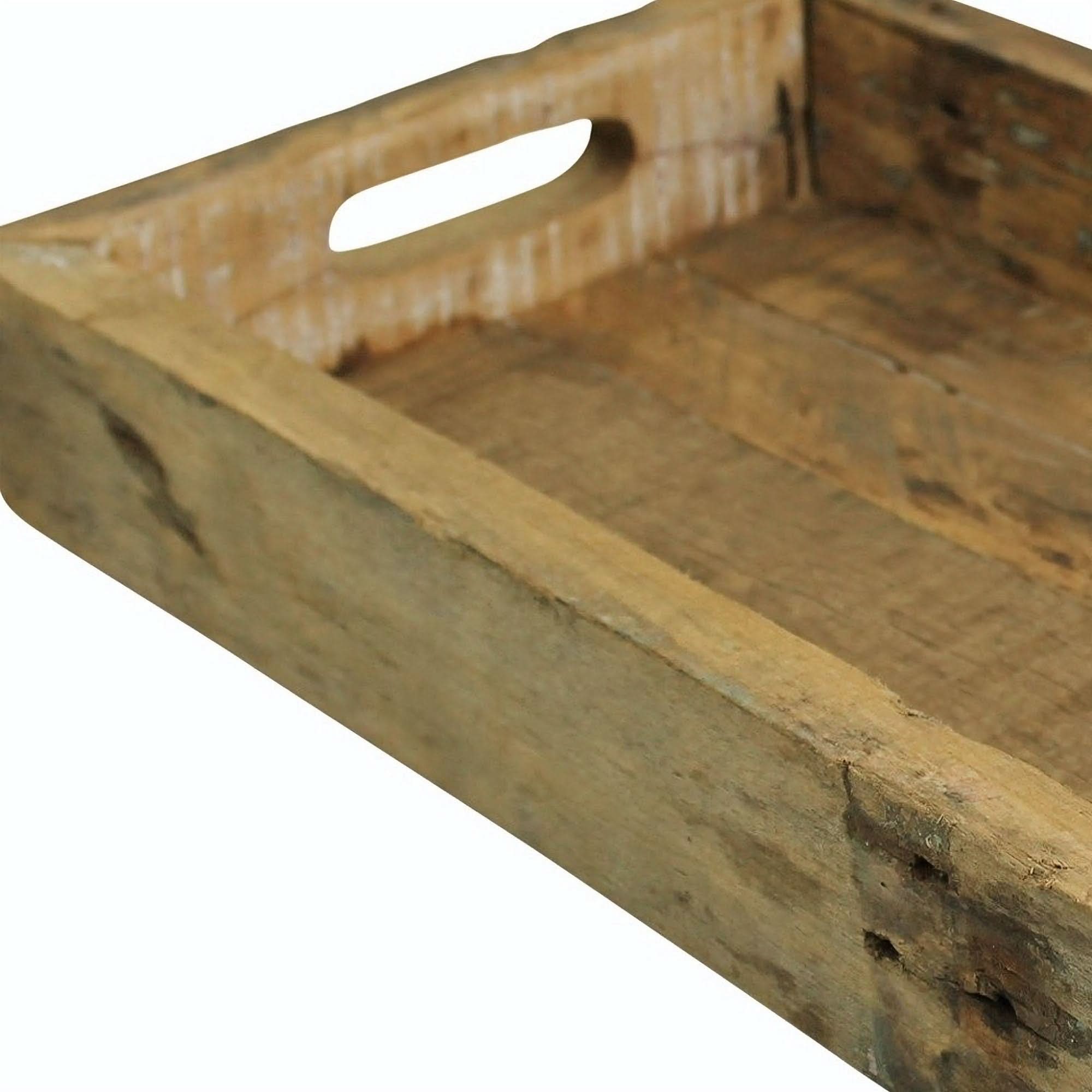 Rustic squared ottoman tray, weathered wood with cutout handles, natural home decor.