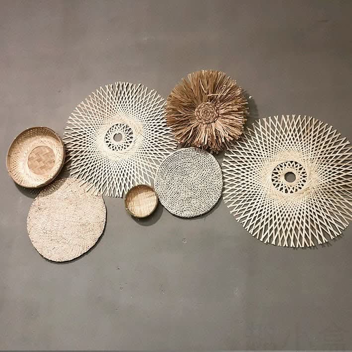 Boho rattan wall basket set - handmade straw wall decoration.