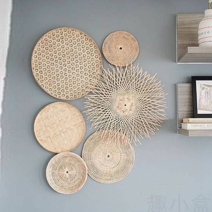 Boho rattan wall basket set, natural straw, handmade circular woven wall decor.