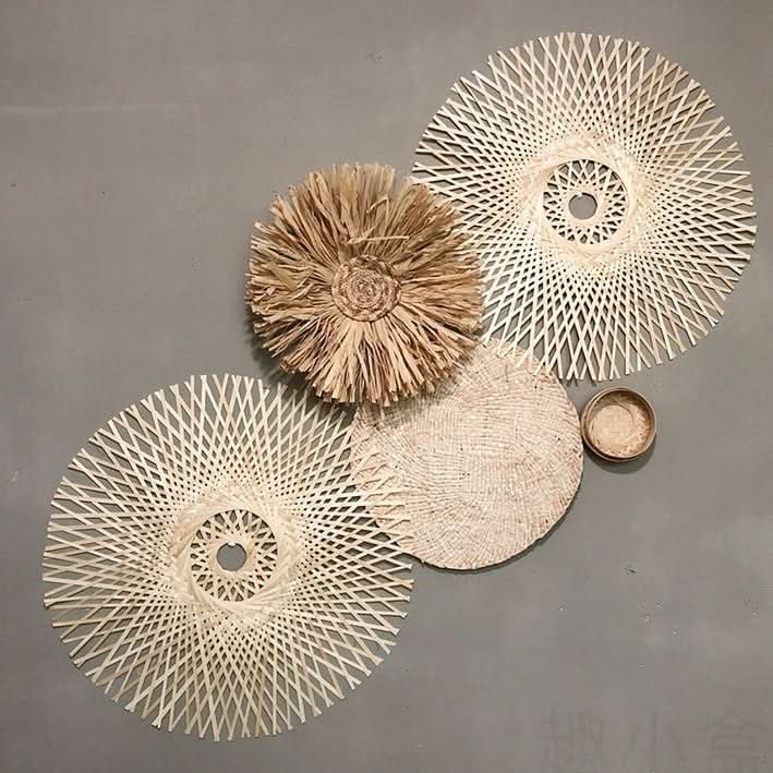 Boho rattan wall basket set with straw and handmade decorative pieces.