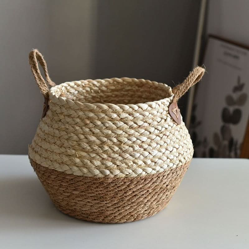 Natural straw plant flower pot with handles, natural tones, home decor basket.