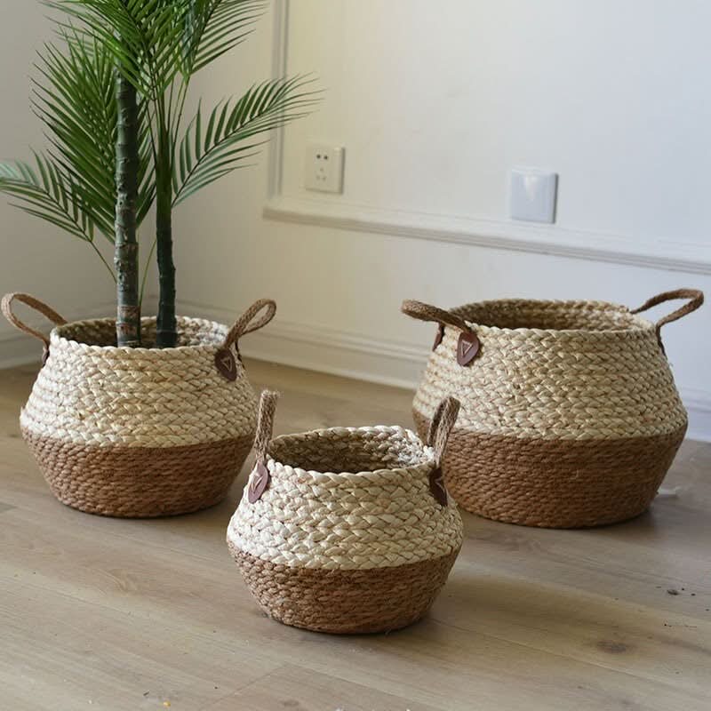 Woven straw plant flower pot with handles, natural and brown, home decor