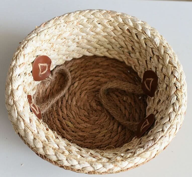 Natural straw plant flower pot with brown leather accents and jute lining.