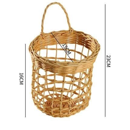 Wicker kitchen wall hanging basket for fruit, vegetables, and storage. Natural woven material.