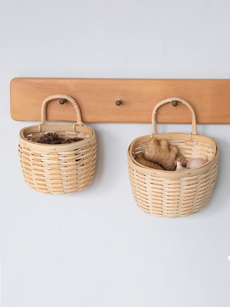 Rattan clear wood kitchen wall hanging baskets for fruit, vegetables, and storage.