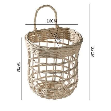 Wicker kitchen wall hanging basket for fruit, vegetables, and storage. Natural tan color.