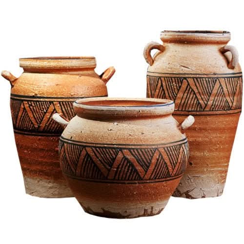 Antique ethnic vases with black tribal v patterns. Terracotta home decor with handles.
