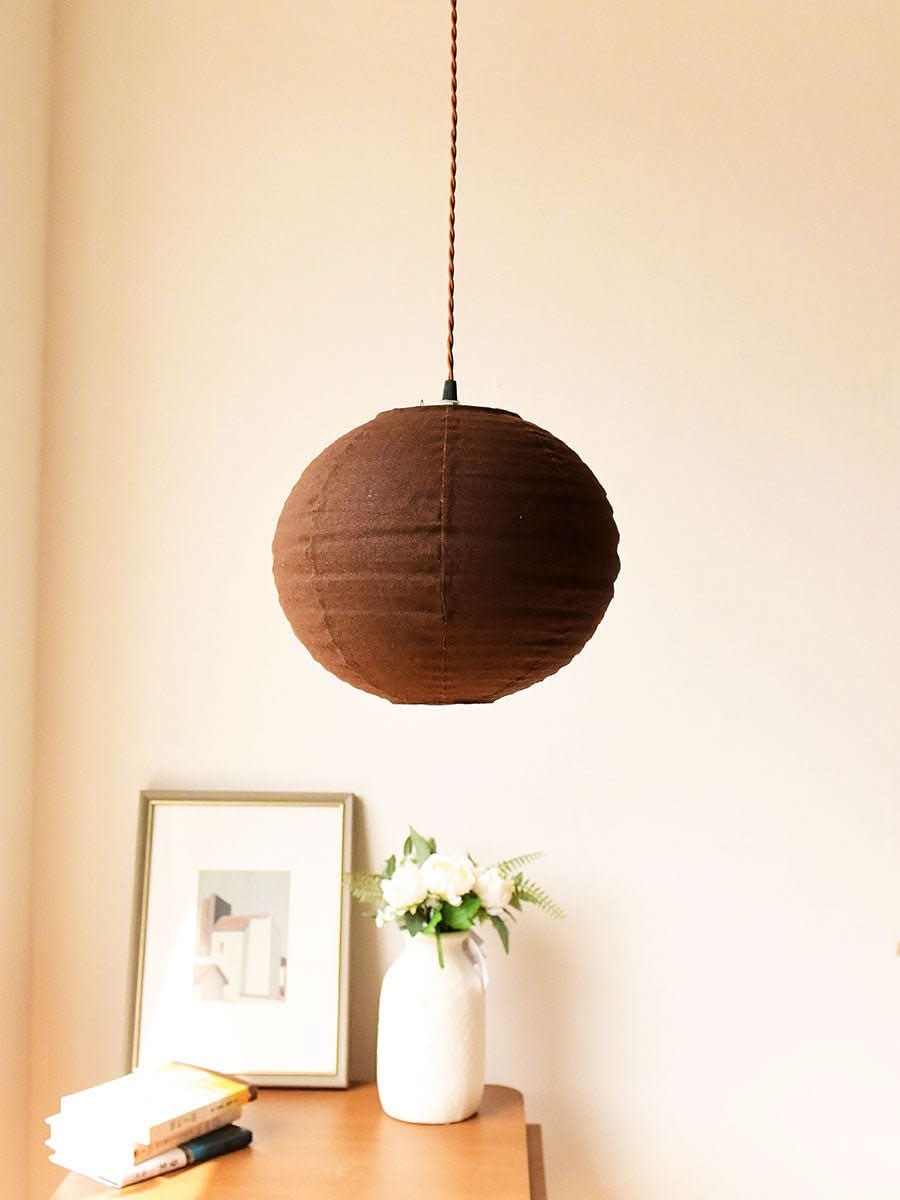 Round brown linen ceiling shade, home decor.