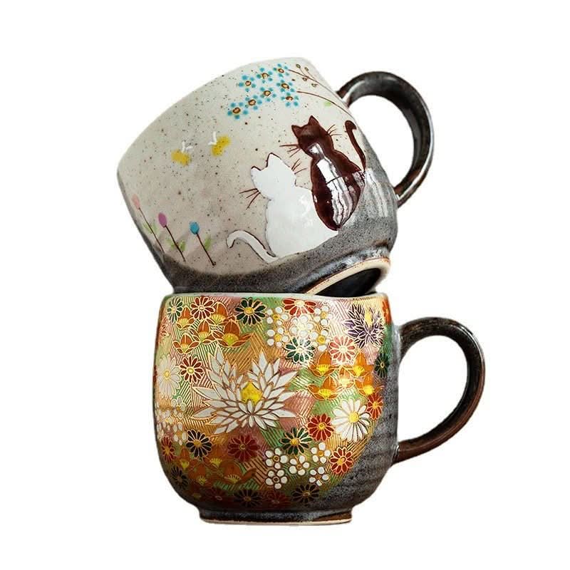 Japanese Kutani-yaki stoneware mug with cats & floral design, 8.45oz capacity.