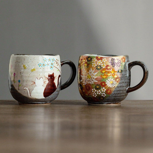Imported Japanese Kutani-yaki Handmade Household Mug 8.45oz | Golden Flower Mug, Cat Coffee Cup, Tea Cup, Gift Ceramic Household Mug - -
