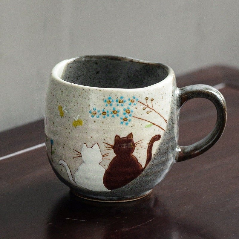 Imported Japanese Kutani-yaki Handmade Household Mug 8.45oz | Golden Flower Mug, Cat Coffee Cup, Tea Cup, Gift Ceramic Household Mug - -