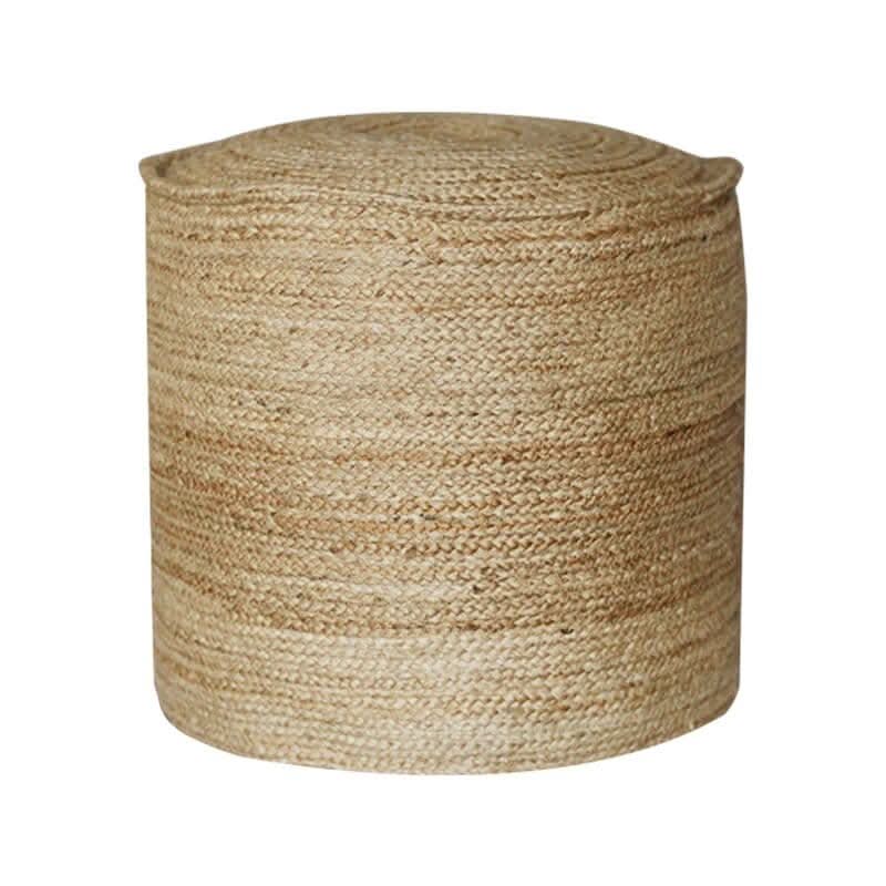 Indian Hand-Woven Natural Jute Ottoman with textured weave.
