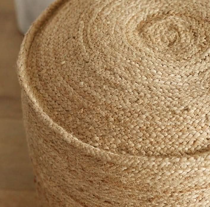Indian Hand-Woven Natural Jute Ottoman, round, textured, boho home decor.