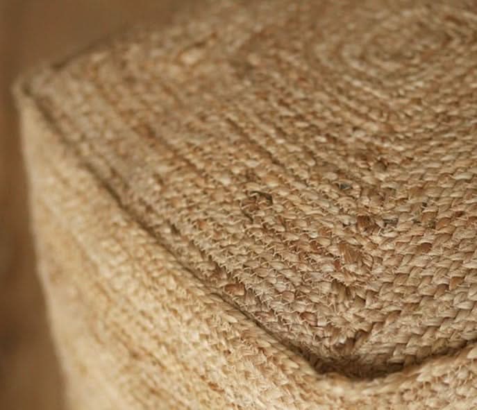 Close-up of textured Indian Hand-Woven Natural Jute Ottoman.