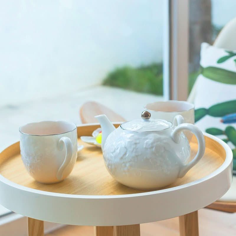 White Irregular Wabi-Sabi Tea Set, grape engraved, on bamboo tray. Made in Japan.