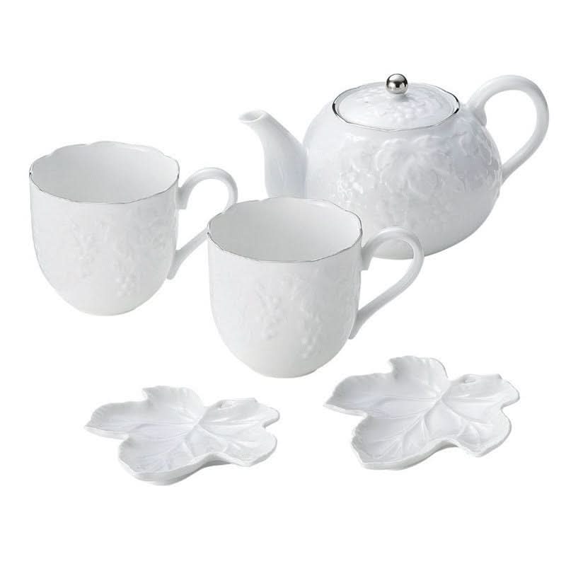 White Irregular Wabi-Sabi Tea Set with grape engraving, made in Japan, 5-piece gift box.