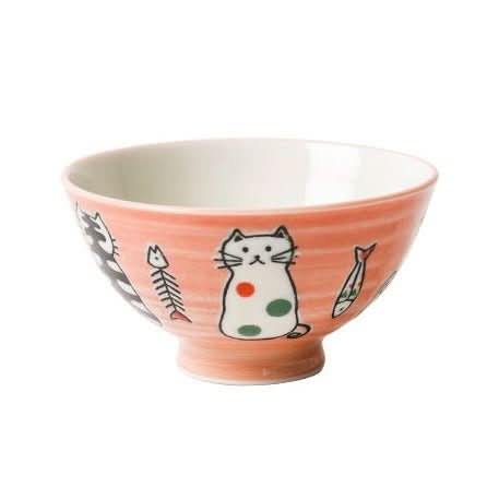 Pink Japanese bowls with charming cat and fish illustrations.
