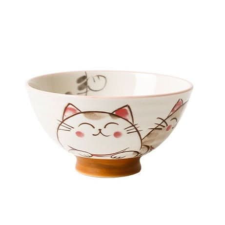 Japanese Bowls With Illustrations, white ceramic with cute cat illustrations and brown base.