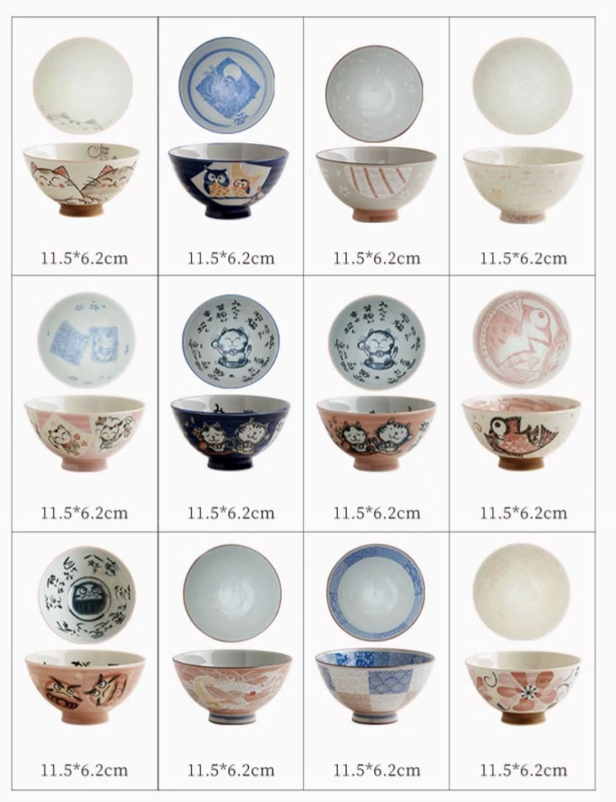 Japanese Bowls With Illustrations, featuring cat, owl, and floral designs on ceramic.