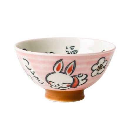 Pink Japanese bowls with charming illustrated rabbits and flowers. Home Decor.