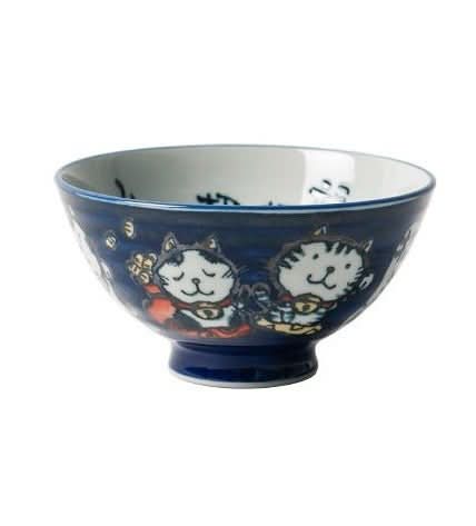 Blue ceramic Japanese bowl with playful cat illustrations, perfect for home decor.