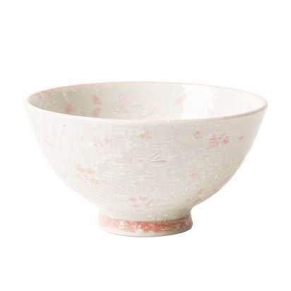 White ceramic Japanese bowl with pink floral illustrations and a subtle textured finish.