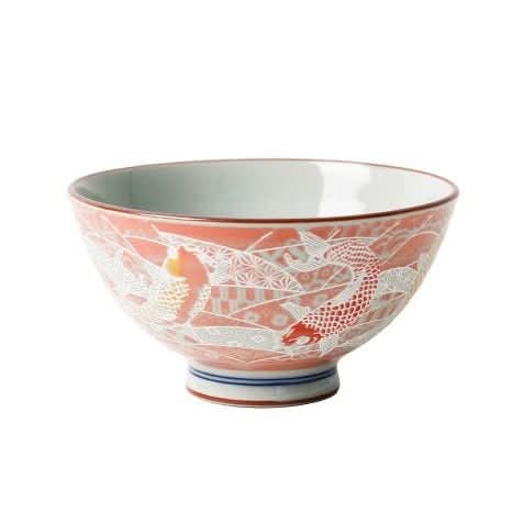 Pink Japanese bowls with white and red koi fish illustrations on a white background.