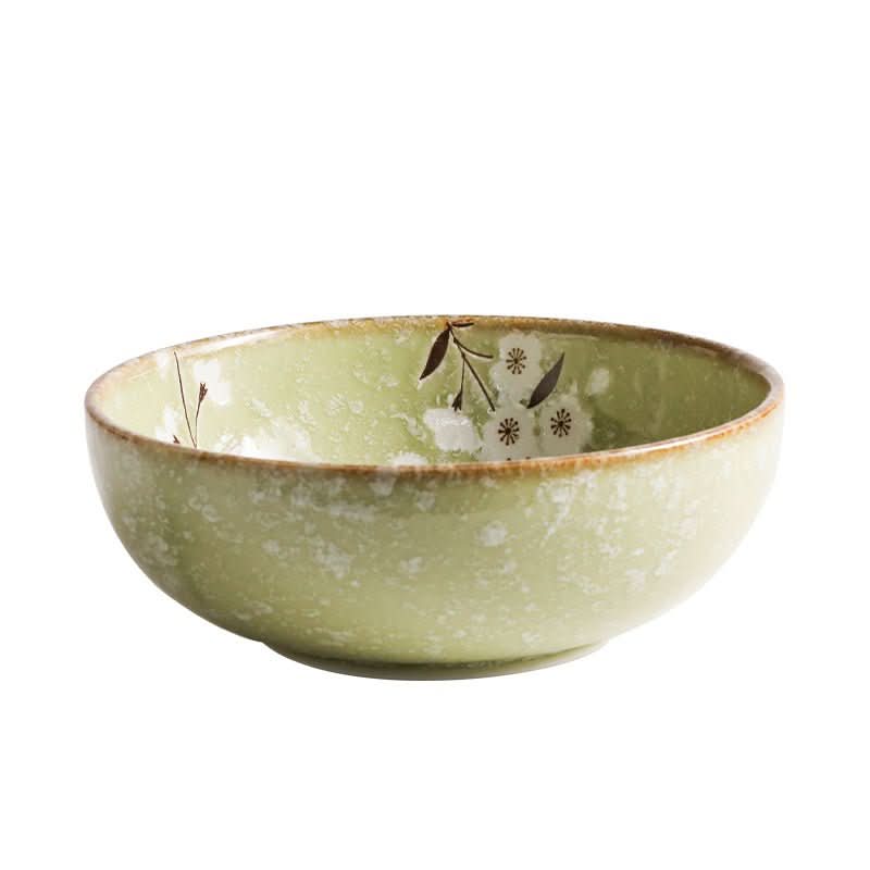 Japan imported green cherry ceramic shallow Japanese bowl with floral design