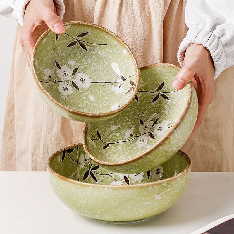 Japan imported Green Cherry Ceramic Japanese Shallow Bowls, white flowers & dark leaves pattern