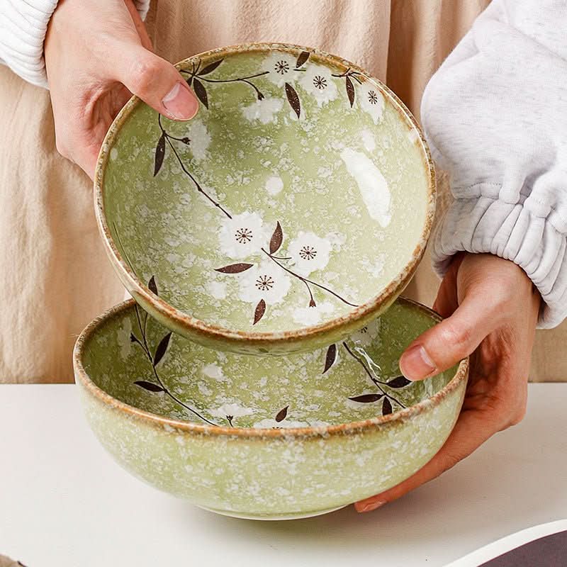 Japan imported Green Cherry Ceramic Japanese Shallow Bowl with floral pattern.