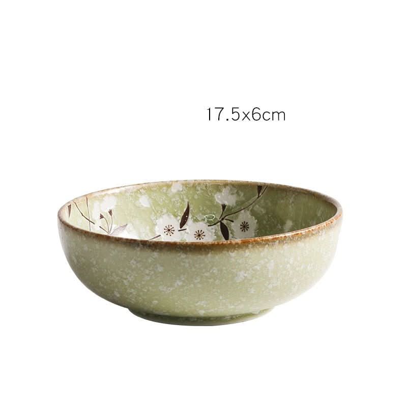 Japan imported green cherry ceramic shallow bowl with floral pattern, 17.5x6cm home decor.