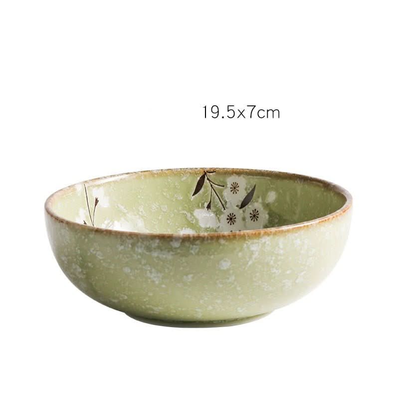 Japan imported green cherry ceramic shallow bowl with floral design.