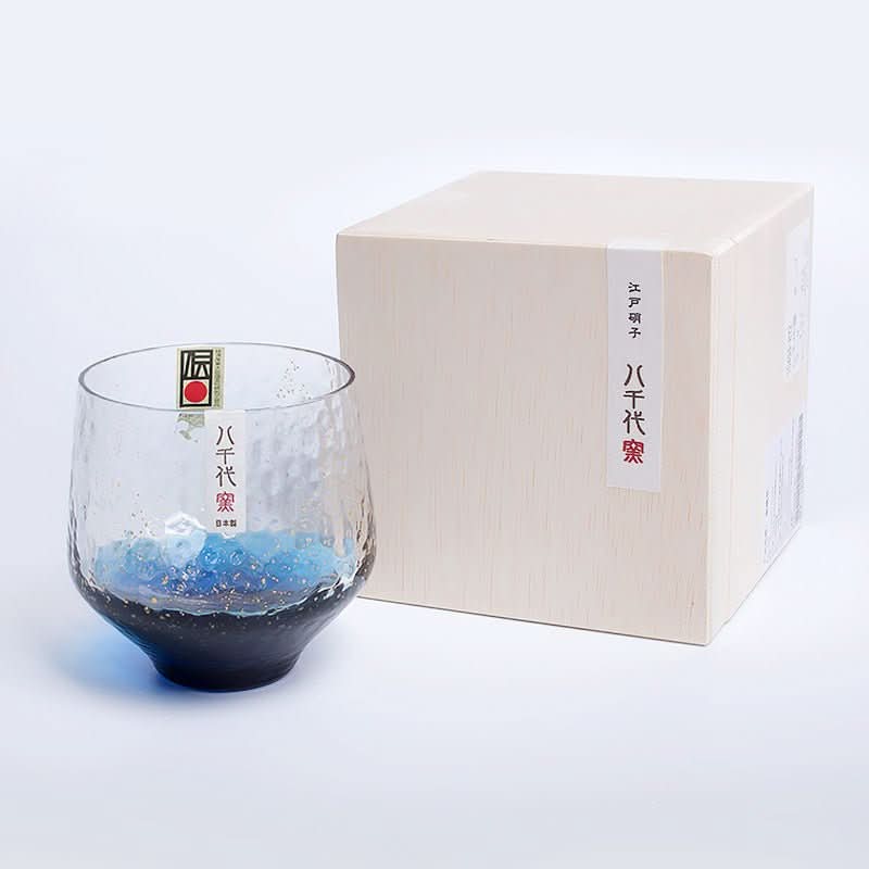 Hand-made colored glass cup, blue & black, Japan imported, with wooden box.
