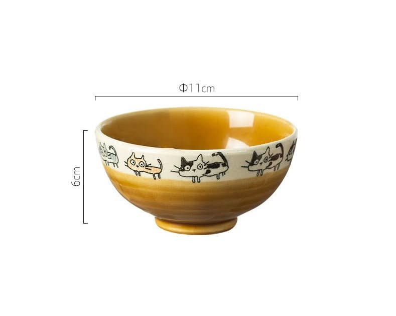 Japan imported hand made screw shaped cat mug, yellow ceramic bowl with cute cat illustrations, 11cm diameter.
