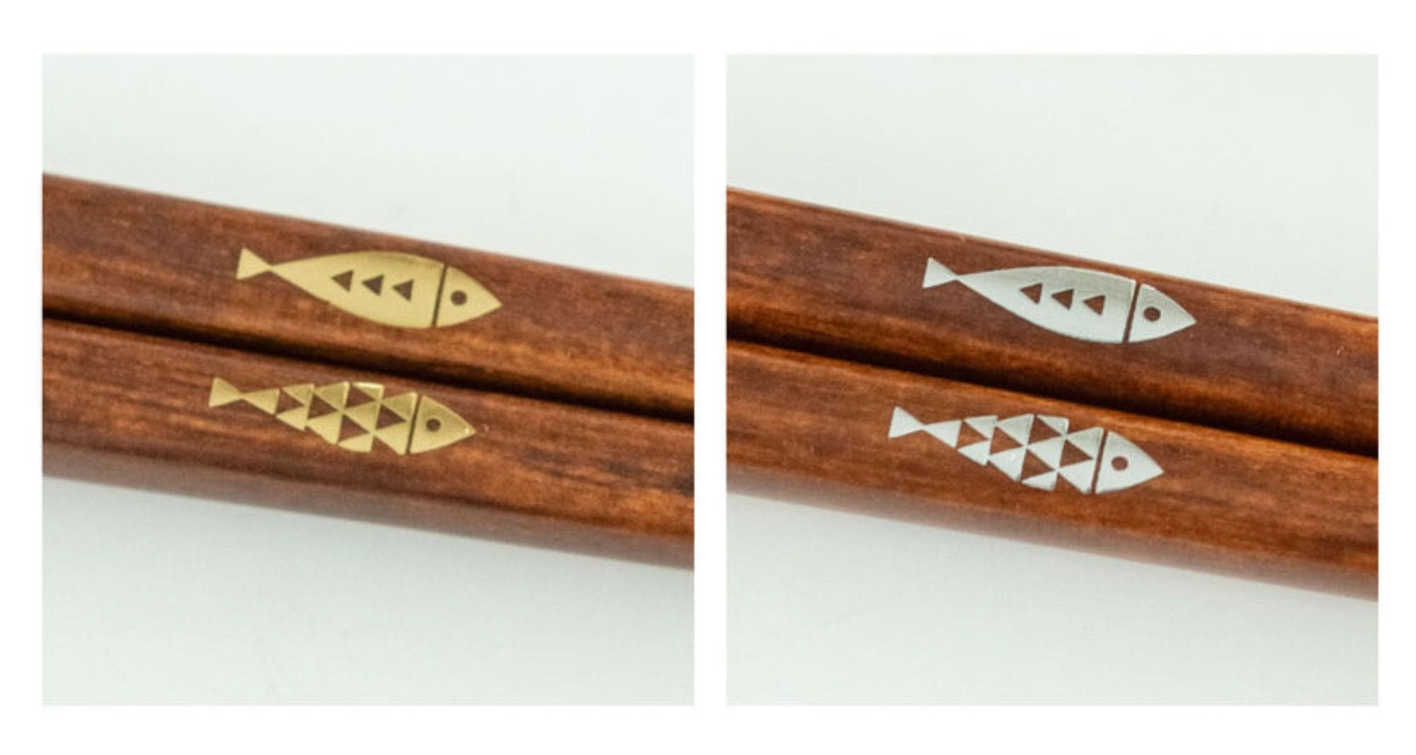 Japan Imported Handmade Wooden Chopsticks, cute fish design, gold and silver accents