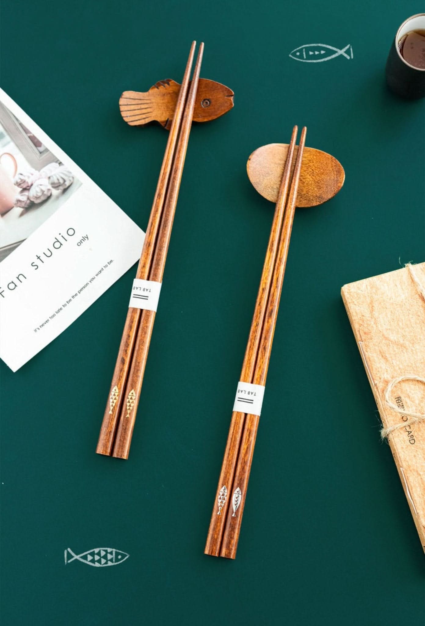 Japan Imported Handmade Wooden Chopsticks with cute fish design and wooden fish rests.