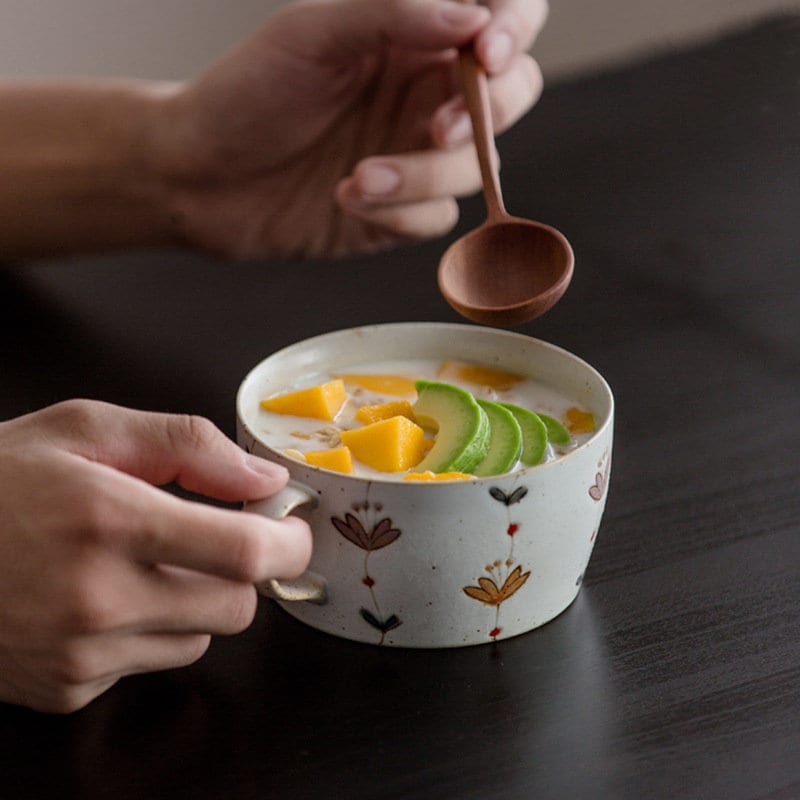 Japan Imported Hasamiyaki Ceramic Flower Sweet Breakfast Cup 15.2oz | Japanese Cute Oatmeal Bowl, Household, Fruit Snack Bowl - -