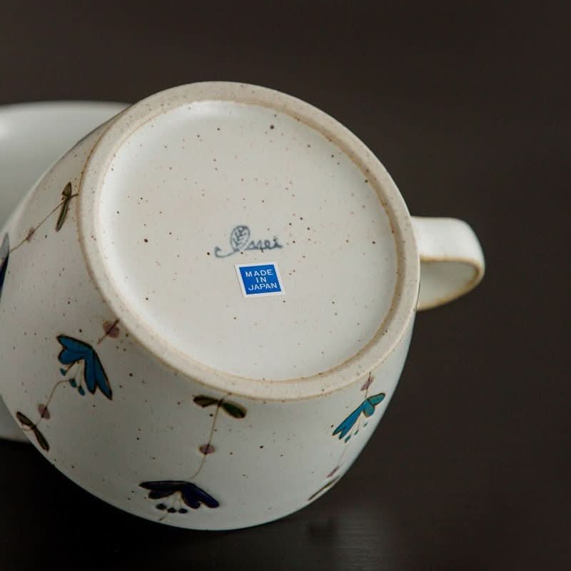 Hasamiyaki ceramic sweet breakfast cup, 15.2oz, with floral design & "Made in Japan" label.