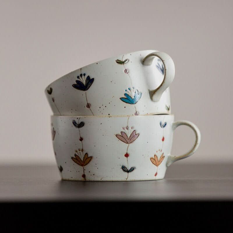 Japan Imported Hasamiyaki Ceramic Flower Sweet Breakfast Cup, 15.2oz, oatmeal bowl.